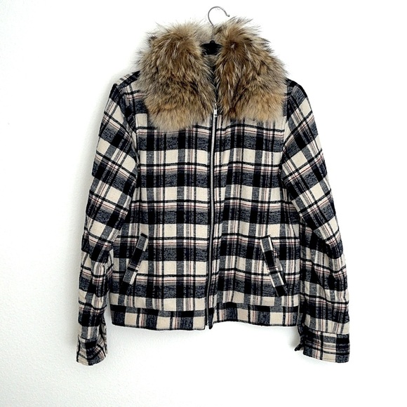 Jenni Kayne Fur Collar Plaid Flannel Bomber Jacket Coat size Small - Picture 1 of 5